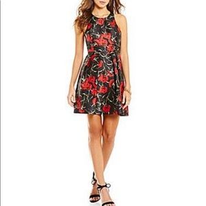 Gianni Bini Clara Black and Red Floral Sleeveless Fit and Flare Dress